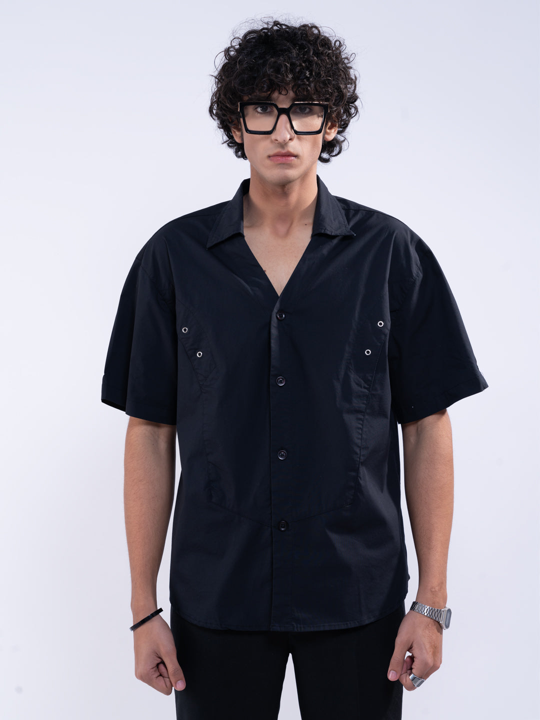 Detailed Panelled Black Shirt