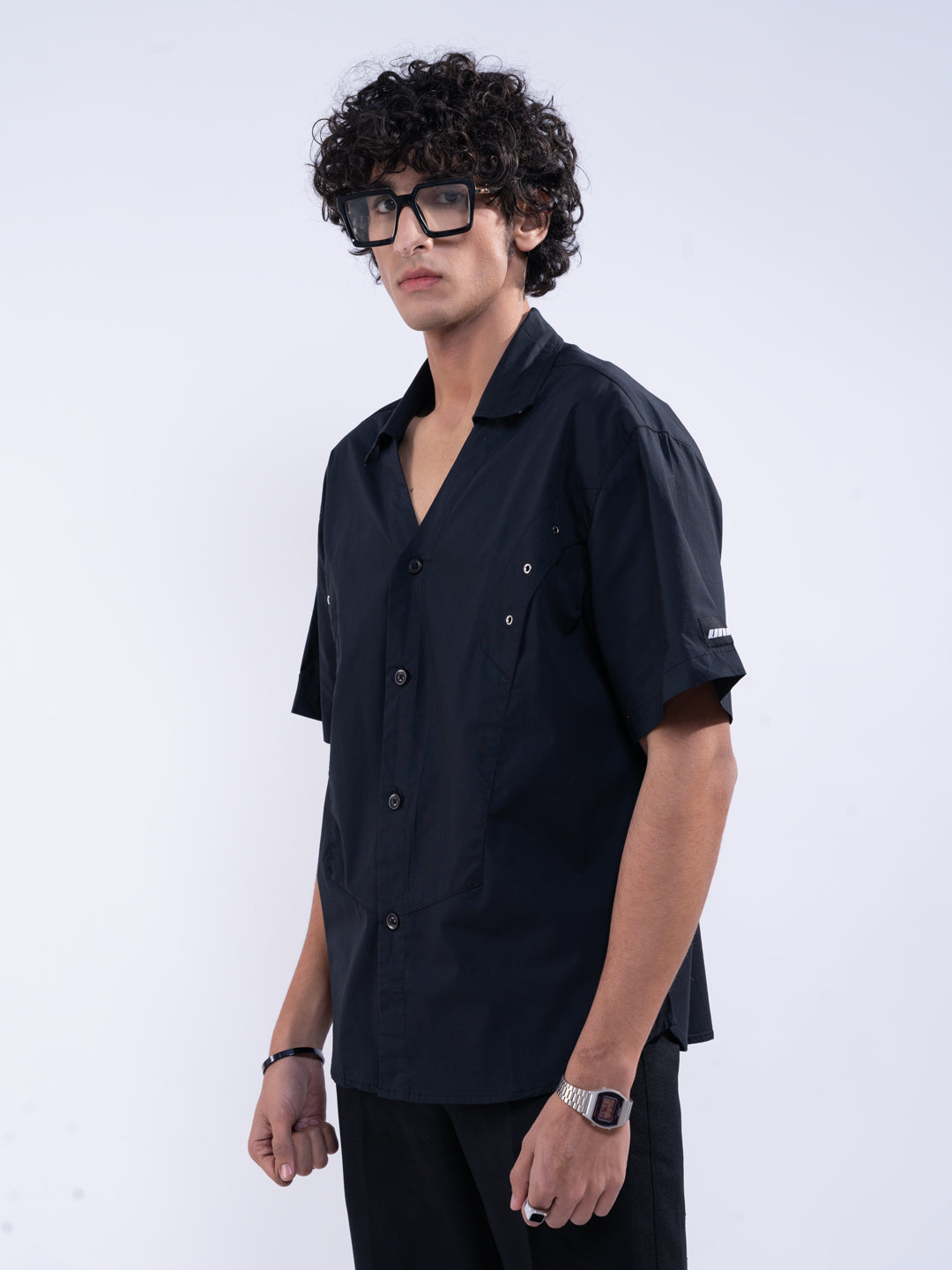 Detailed Panelled Black Shirt