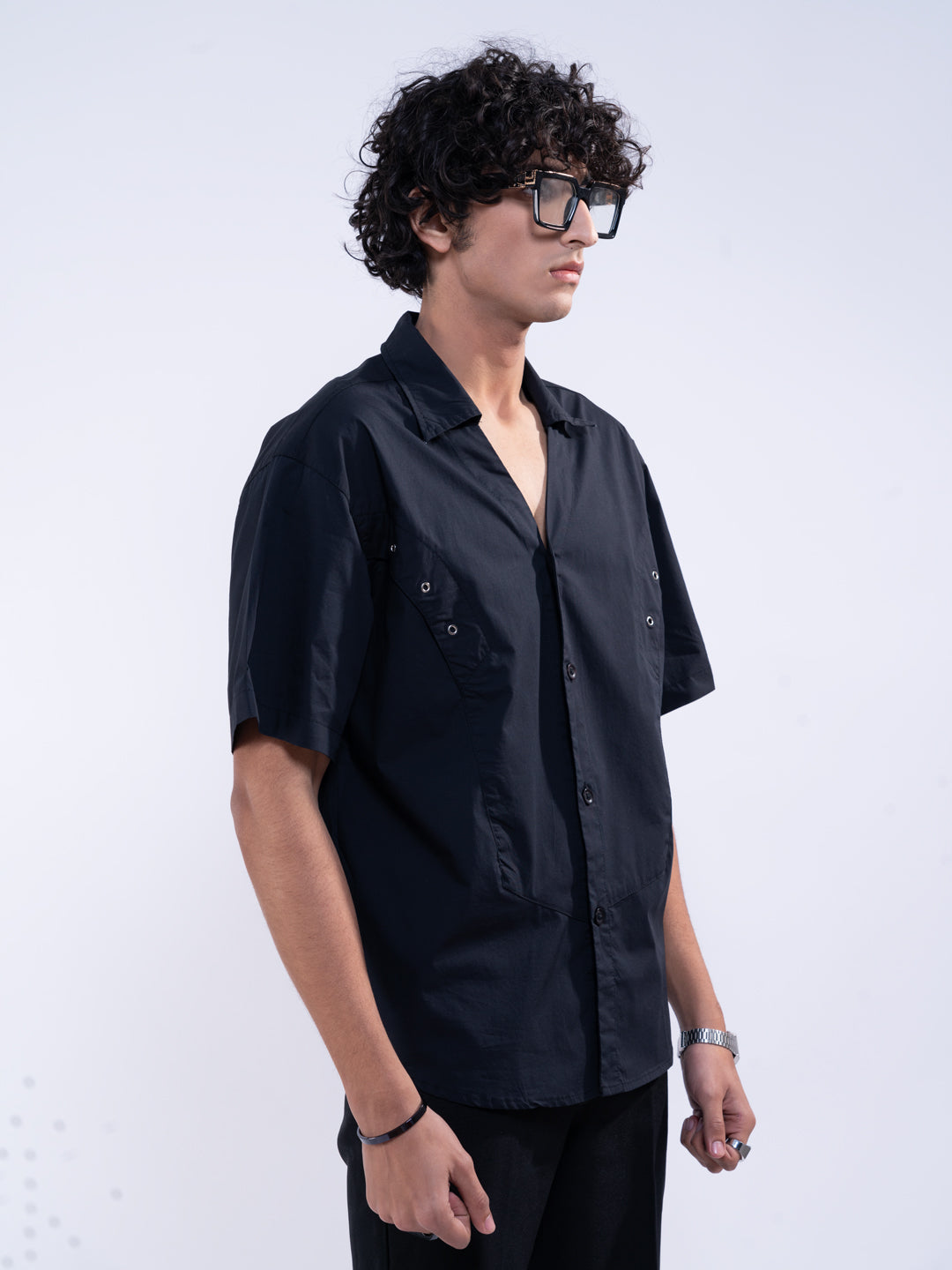 Detailed Panelled Black Shirt