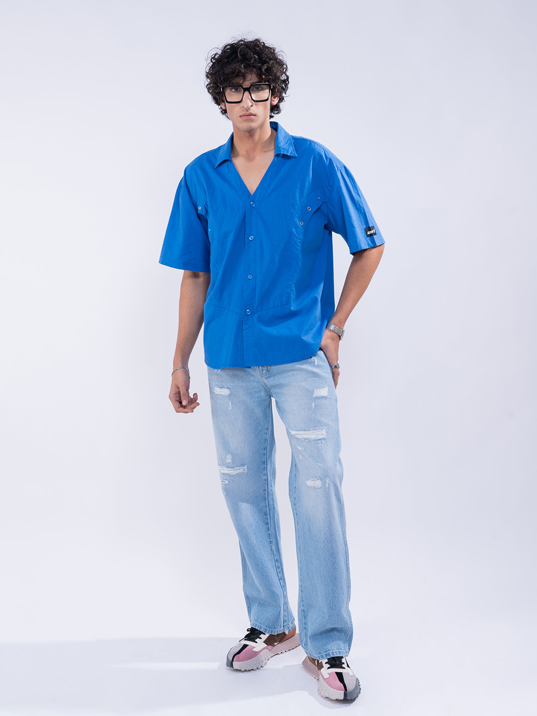 Detailed Panelleted Blue Shirt