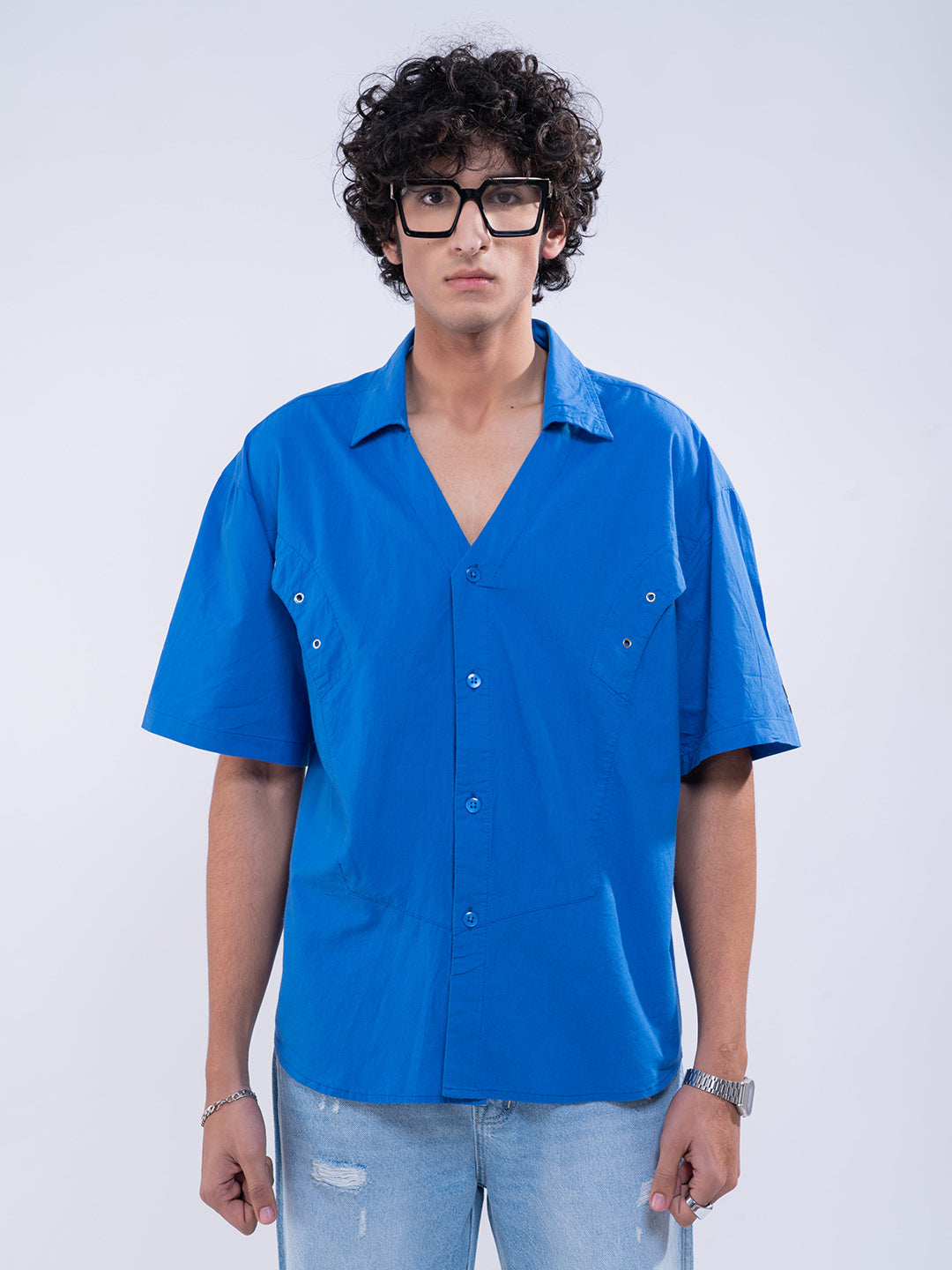 Detailed Panelleted Blue Shirt