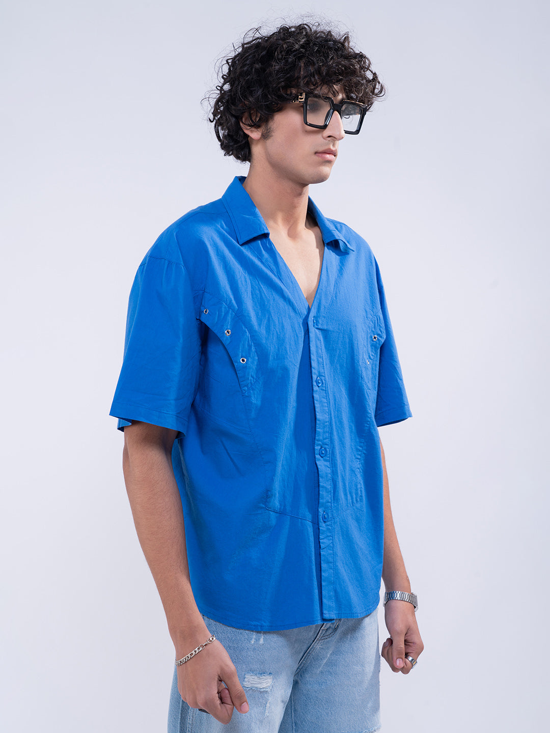 Detailed Panelleted Blue Shirt