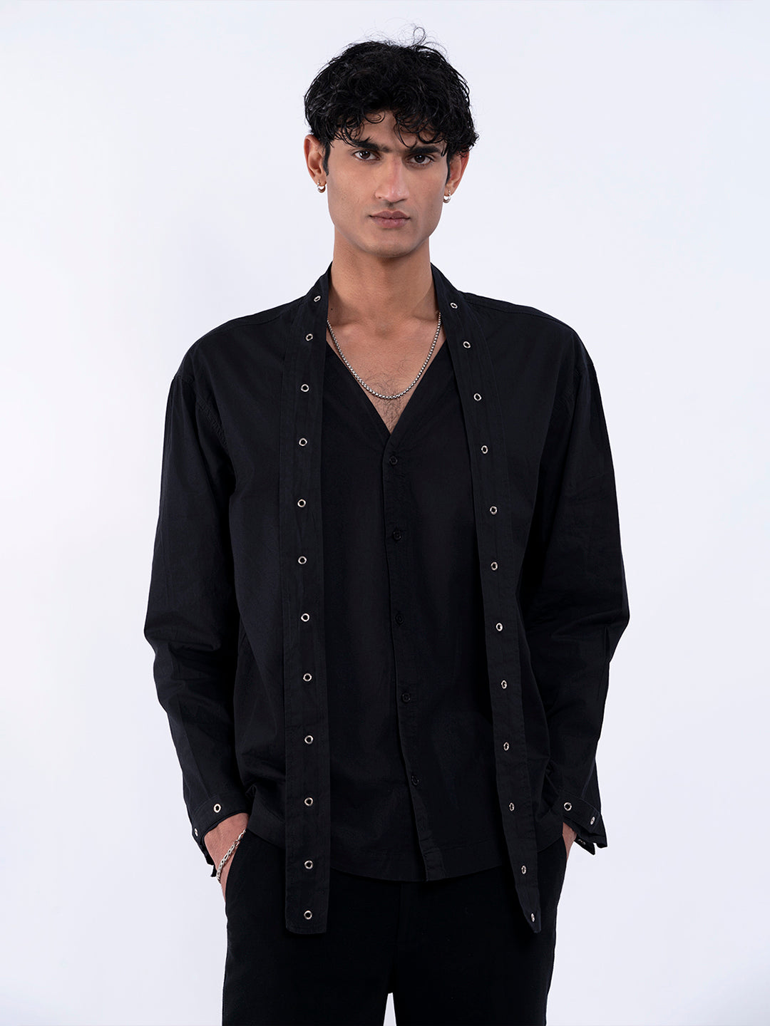 Scarf Detailed Men's Black Shirt